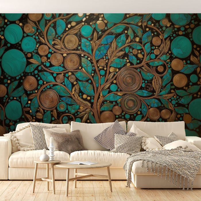 Papier peint arbre de vie | Design en turquoise et or