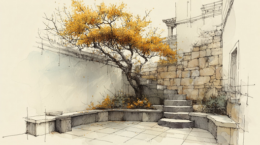 Papier peint patio rustique Illustration d'un jardin méditerranéen