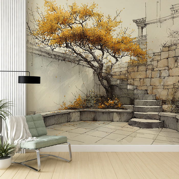 Papier peint patio rustique | Illustration d'un jardin méditerranéen