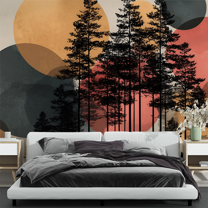 Papier peint arbres et cercles | Design artistique et abstrait