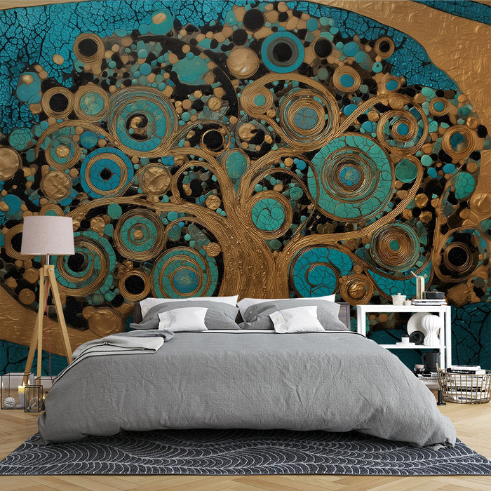 Papier peint Arbre de Vie | Bleu Turquoise et Or