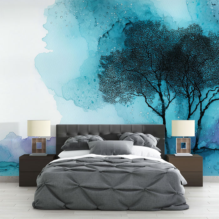 Papier peint arbre aquarelle | Paysage éthéré en bleu et violet
