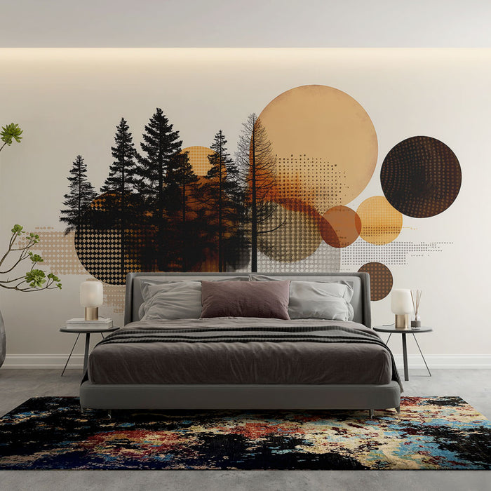 Papier peint géométrique forêt | Cercles en noir et or