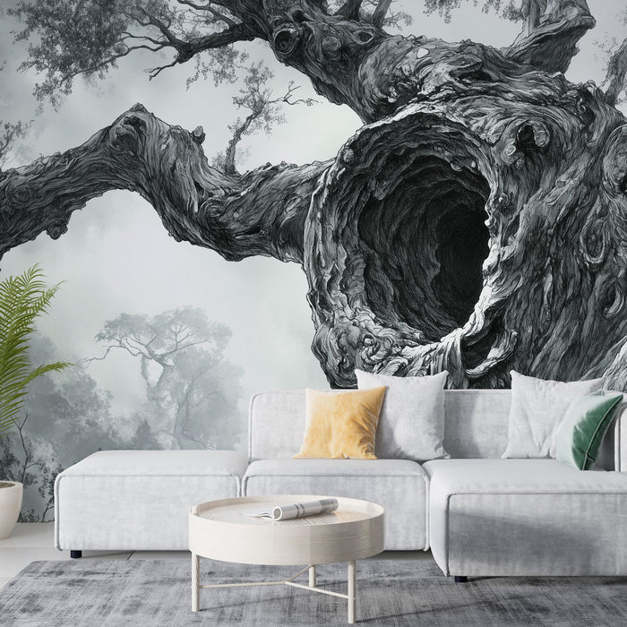 Papier peint mural arbre ancien en noir et blanc pour salon moderne et élégant