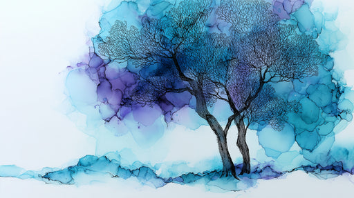 Papier peint arbre encre Illustration aquarelle bleue et violette