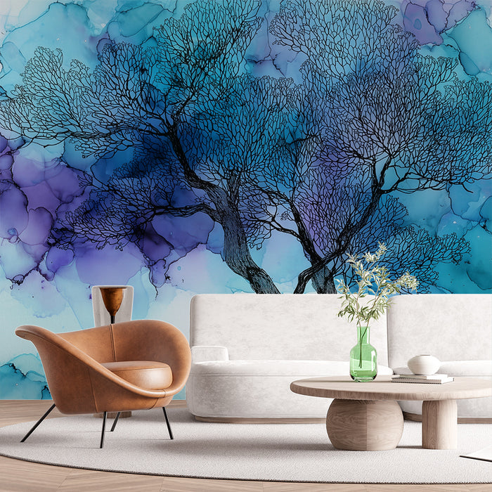 Papier peint arbre encre | Illustration aquarelle bleue et violette