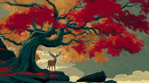 Papier peint cerf et érable Scène naturelle artistique