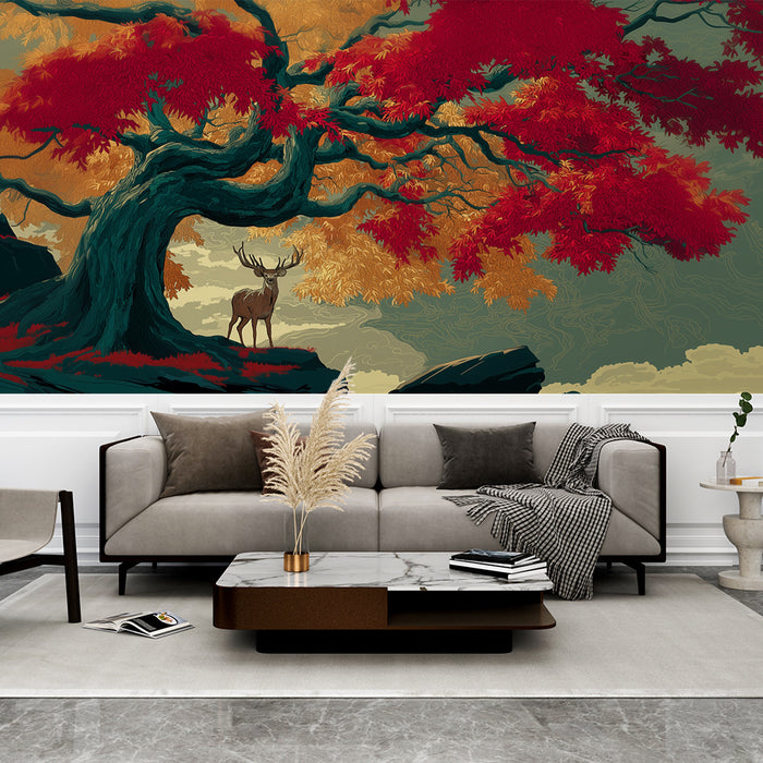 Papier peint cerf et érable | Scène naturelle artistique