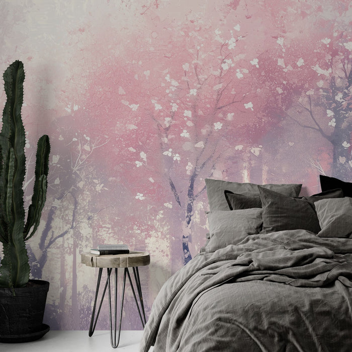 Papier peint paysage floral | Forêt enchantée en rose et blanc