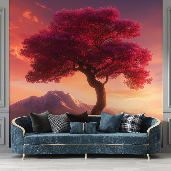 Papier peint arbre rose | Paysage enchanteur de montagne