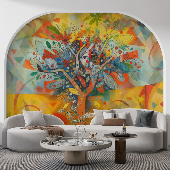 Papier peint abstrait arbre | Couleurs vives et formes géométriques