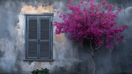 Papier peint fenêtre et arbres Bougainvillier sur mur vieilli