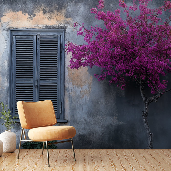 Papier peint fenêtre et arbres | Bougainvillier sur mur vieilli