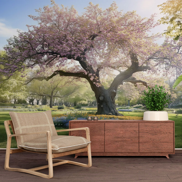 Papier peint arbre en fleur | Paysage printanier luxuriant