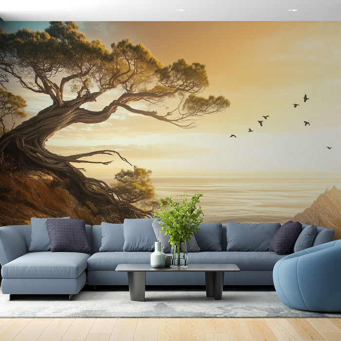 Papier peint paysage côtier | Arbre tortueux et coucher de soleil