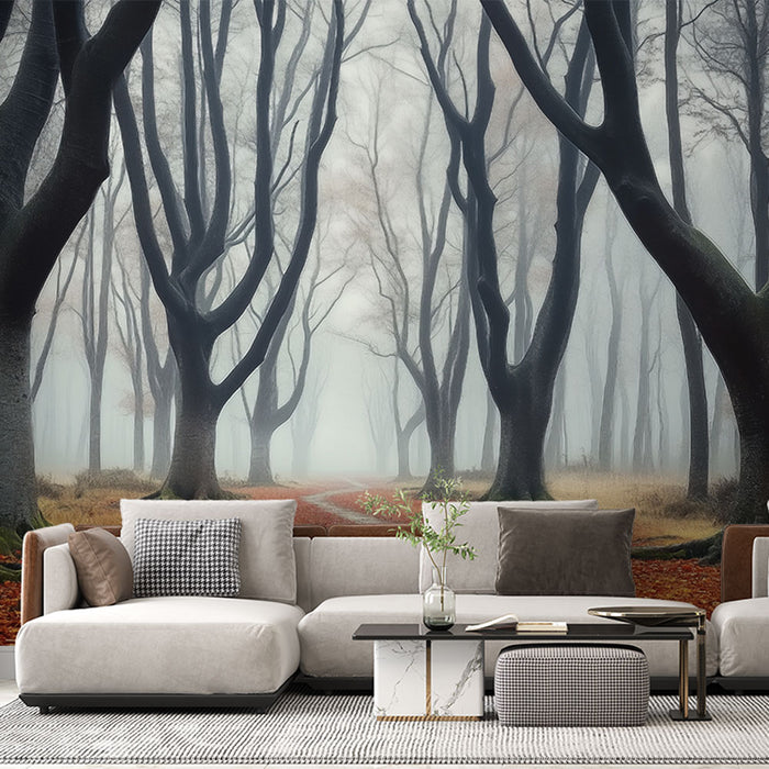 Papier peint forêt enchantée | Chemin brumeux et arbres majestueux