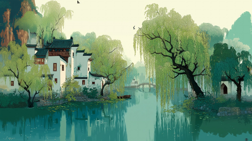 Papier peint paysage oriental Scène de rivière paisible