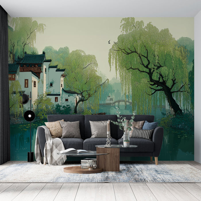 Papier peint paysage oriental | Scène de rivière paisible