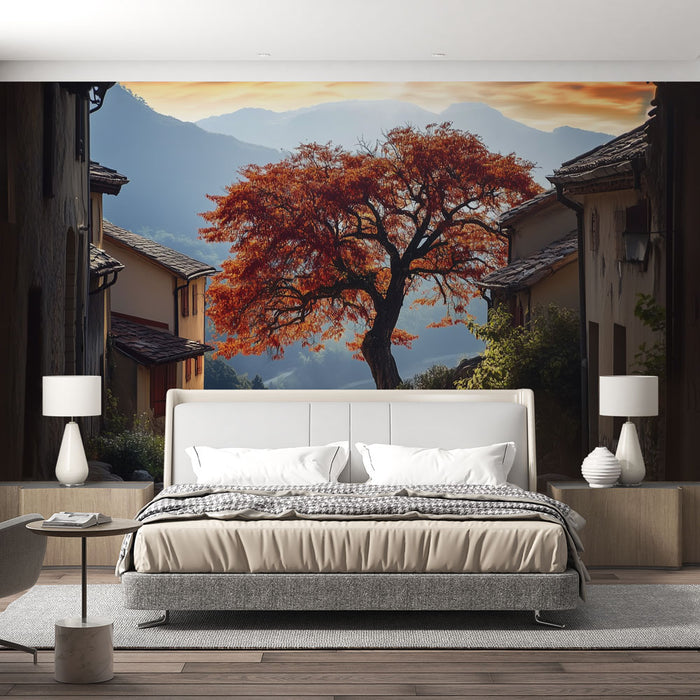 Papier peint panoramique arbre rouge automne pour chambre moderne et élégante