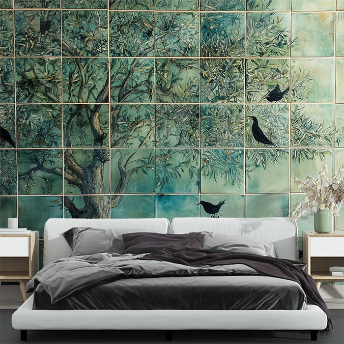 Papier peint Carrelage mural arbre et oiseaux | Décoration artistique en céramique