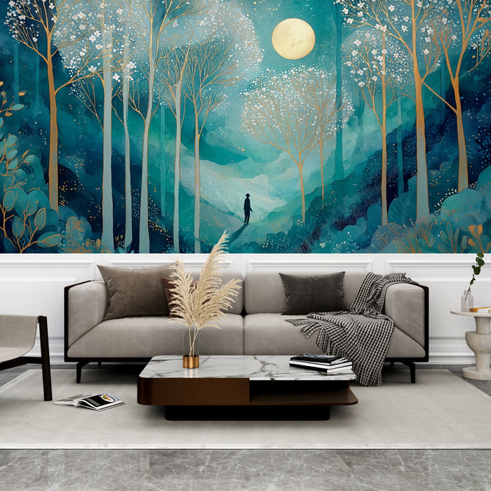 Papier peint forêt enchantée | Balade sous la lune dorée
