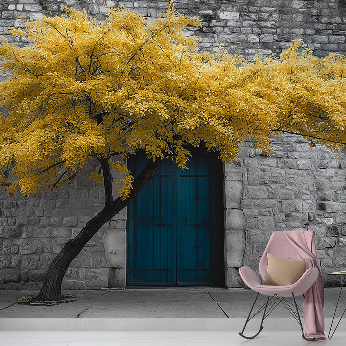 Papier peint arbre doré | Élégance sur mur de pierre