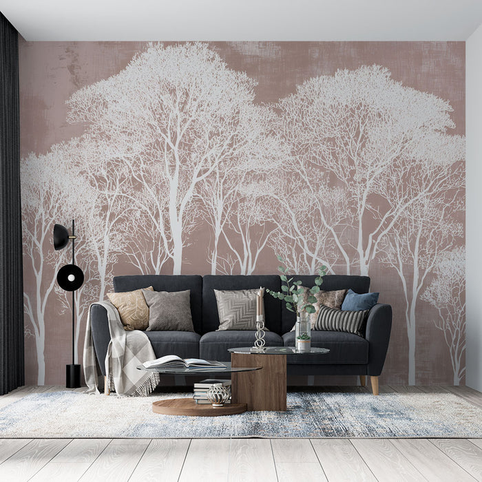 Papier peint arbre | Silhouette blanche sur fond rose