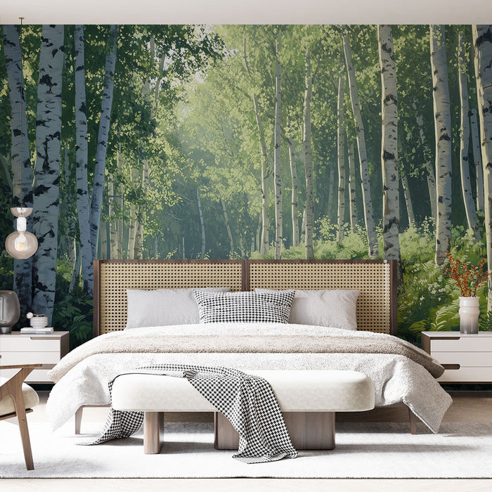 Papier peint forêt avec bouleaux pour chambre à coucher moderne et apaisante