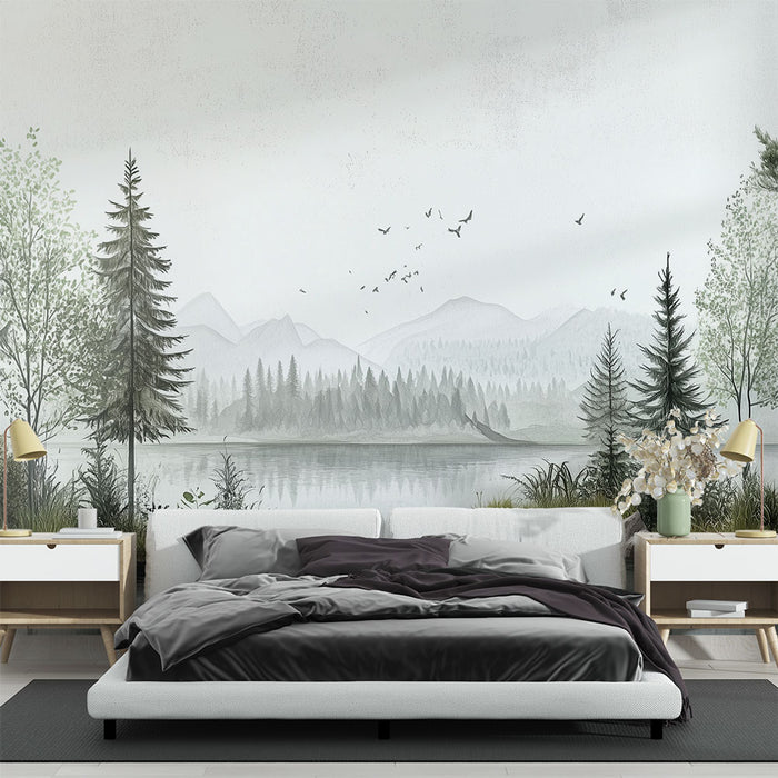 Papier peint panoramique forêt avec lac et montagnes pour chambre à coucher moderne
