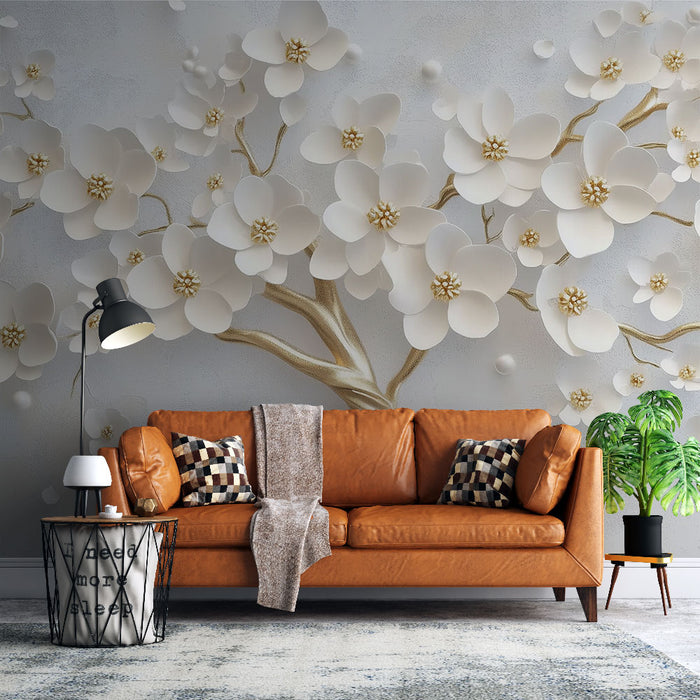 Papier peint floral 3D | Élégance florale en blanc et or
