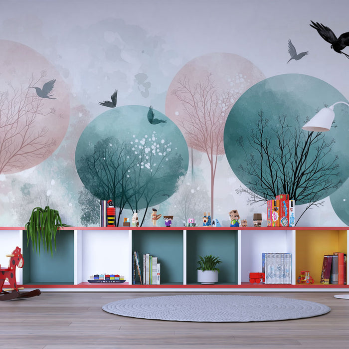 Papier peint nature pastel | Arbres et oiseaux en harmonie