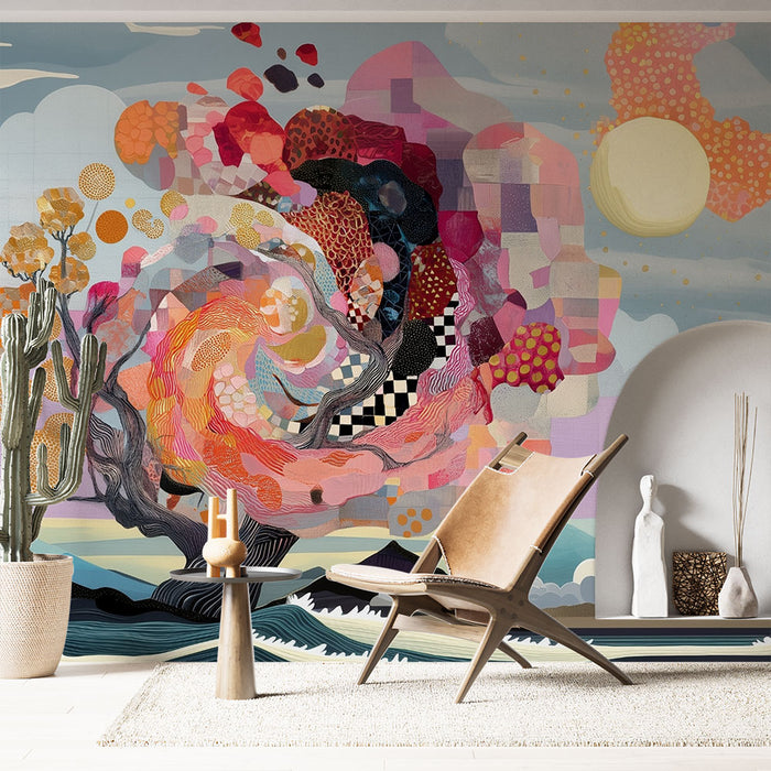 Papier peint art abstrait | Arbre multicolore et paysage onirique