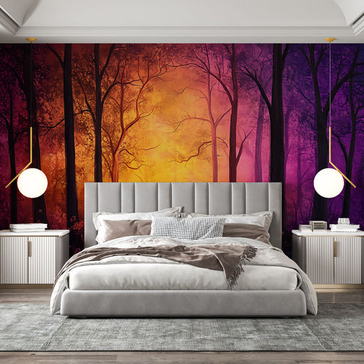Papier peint forêt enchantée avec dégradé orange et violet pour chambre moderne