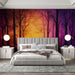 Papier peint forêt enchantée avec dégradé orange et violet pour chambre moderne