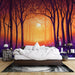Papier peint forêt enchantée avec arbres violets et coucher de soleil orange pour chambre à coucher moderne
