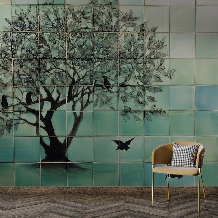 Papier peint Carrelage mural nature | Arbre et oiseaux en céramique