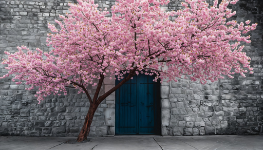 Papier peint cerisier Mur de pierre et fleurs roses