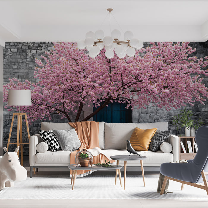 Papier peint cerisier | Mur de pierre et fleurs roses