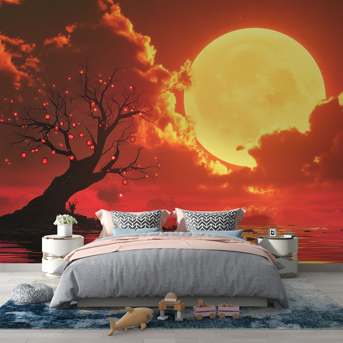 Papier peint paysage fantastique avec arbre lumineux et lune géante pour chambre moderne