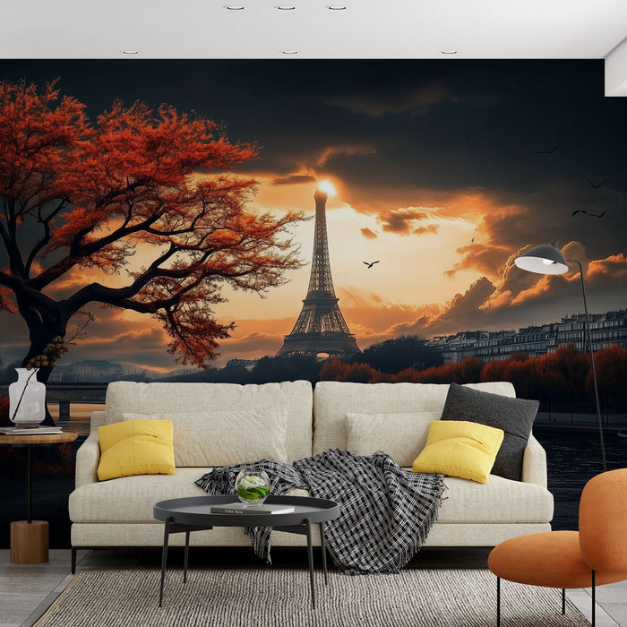 Papier peint panoramique Paris avec arbre rouge et Tour Eiffel pour salon moderne