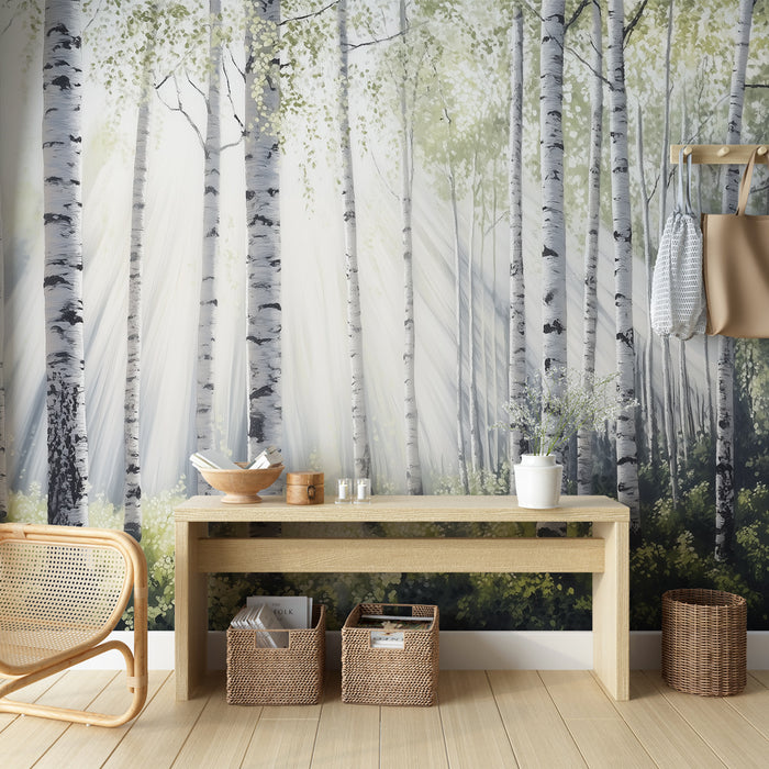 Papier peint forêt bouleau avec rayons de soleil pour décoration murale salon naturel