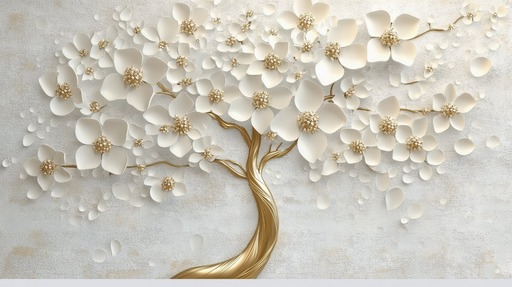 Papier peint floral 3D Arbre doré et fleurs en relief