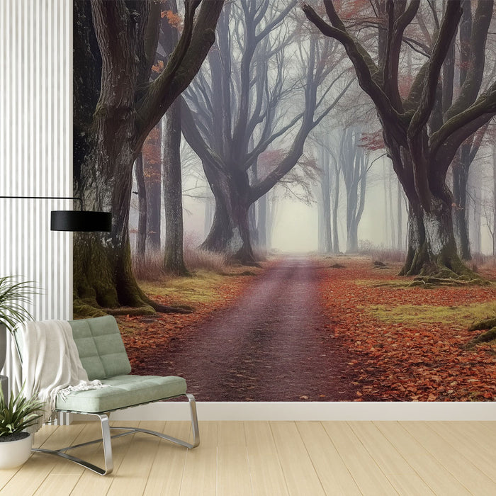 Papier peint forêt brumeuse | Chemin mystérieux en automne