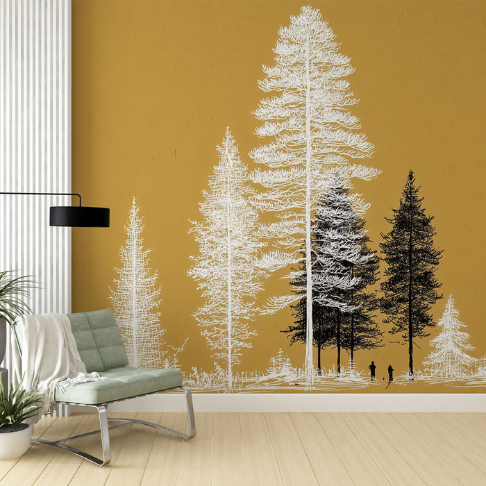 Papier peint forêt silhouettes | Design minimaliste sur fond jaune