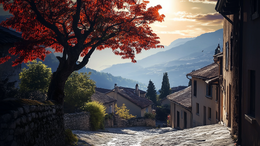 Papier peint paysage montagneux Arbre rouge et maisons pittoresques
