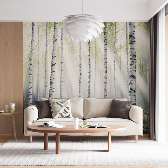Papier peint forêt de bouleaux avec lumière naturelle pour salon moderne