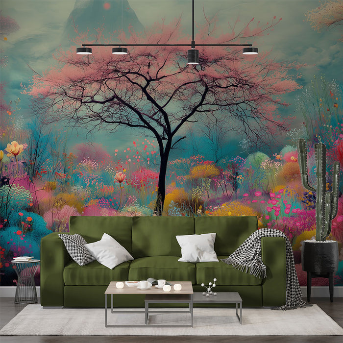 Papier peint paysage féerique | Arbre rose et fleurs éclatantes