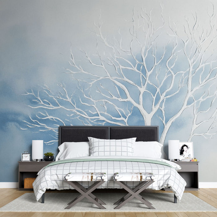 Papier peint arbre blanc | Design minimaliste sur fond bleu pâle