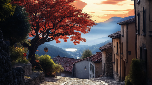 Papier peint paysage automnal Rue pittoresque au coucher du soleil