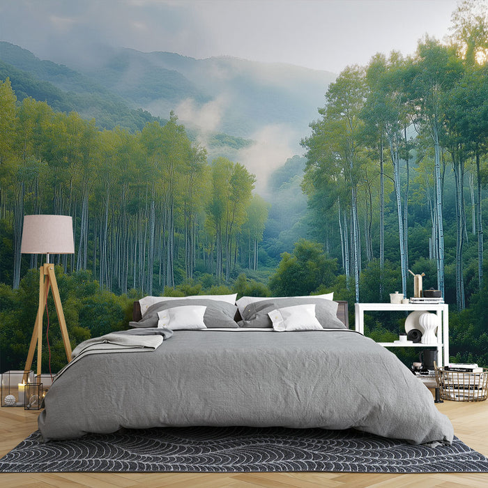 Papier peint panoramique forêt verte avec arbres pour chambre à coucher moderne